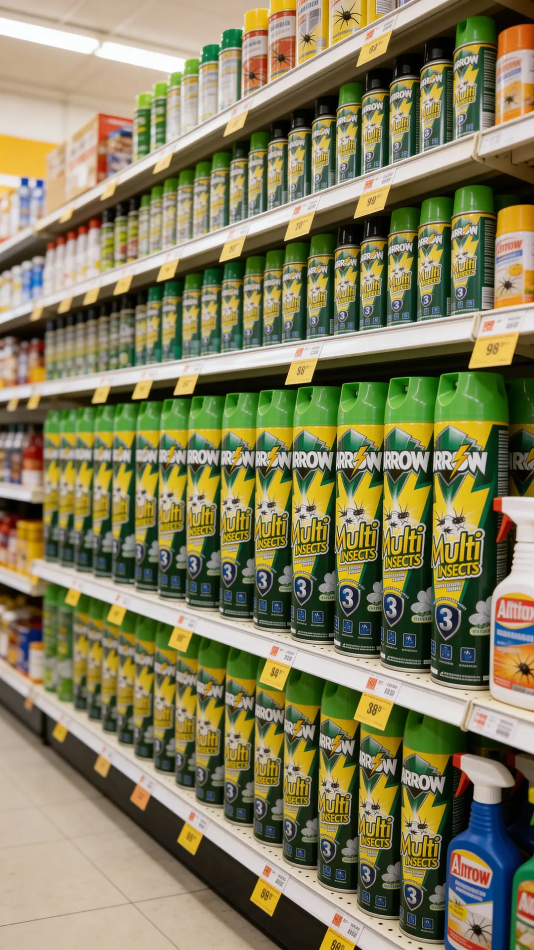 Supermarket insecticide shelf display with ARROW Multi Insects aerosol spray