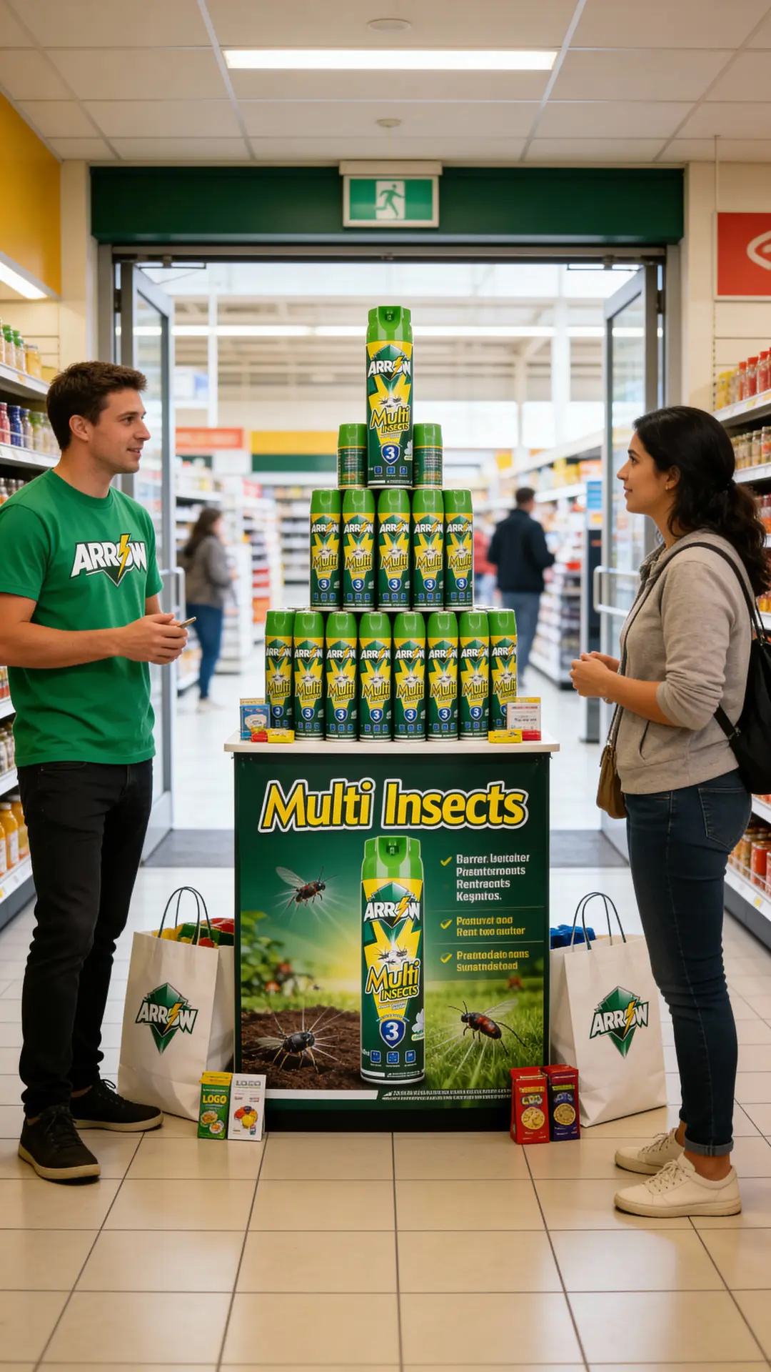 Open market stall displaying ARROW Multi Insects multi insect aerosol spray