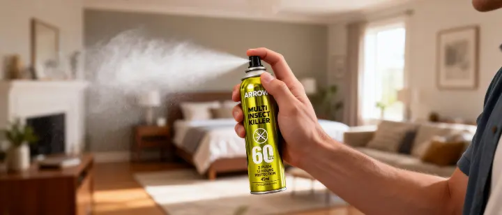 Hand holding ARROW Multi Insect Killer 2-push spray in a retail environment.