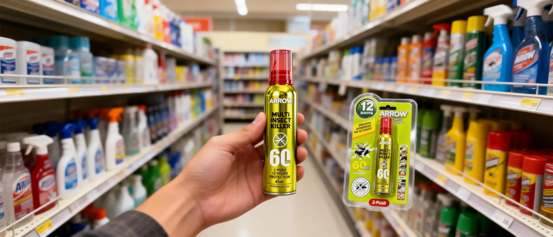 ARROW Multi Insect Killer 2-push sprays displayed on supermarket shelves.