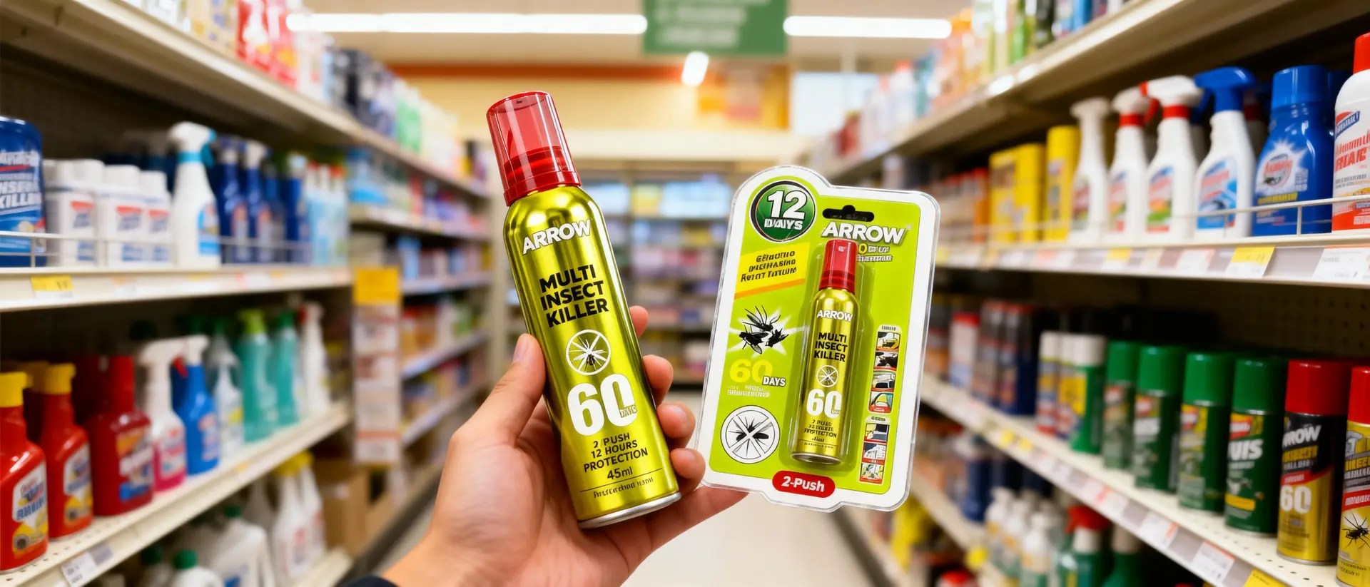 ARROW Multi Insect Killer 2-push sprays displayed on supermarket shelves.