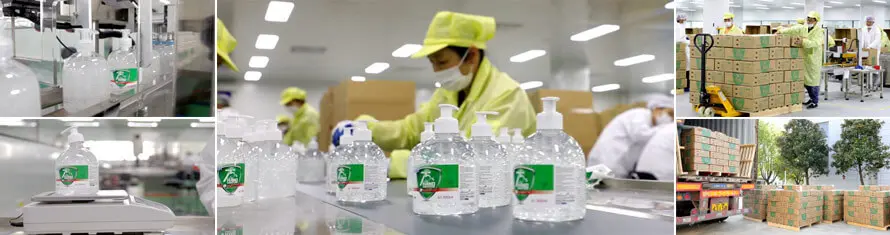 Liquid filling line for disinfectant and sanitizer bottles in AOGRAND OEM plant.