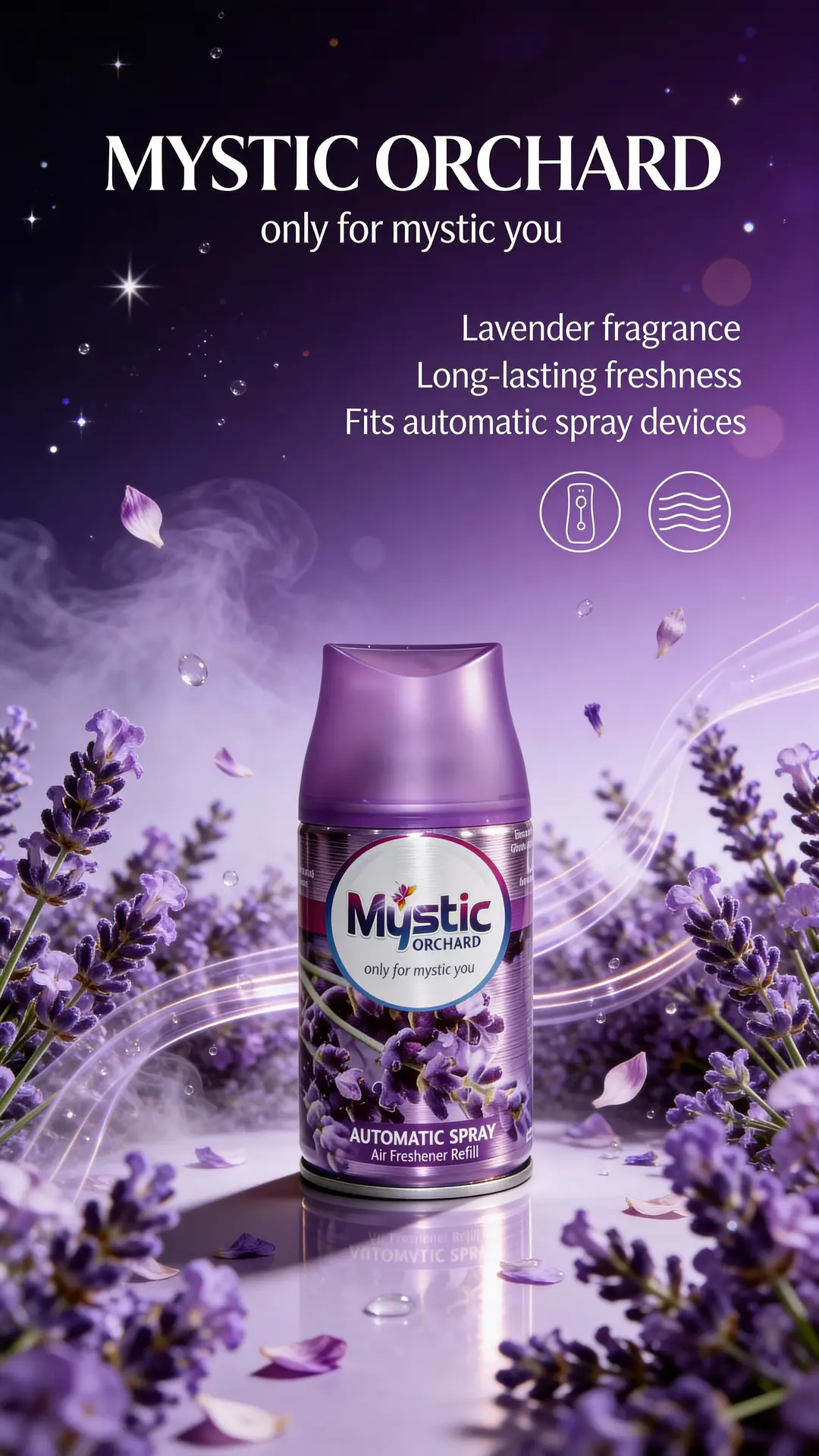 Mystic Orchard Lavender 250ml automatic spray air freshener refill hero poster with lavender theme.