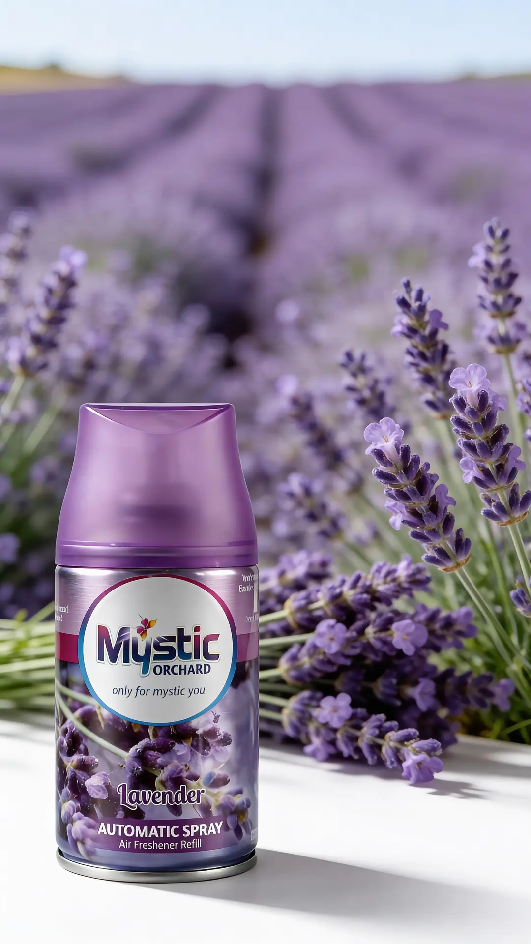 Mystic Orchard Lavender 250ml spray refill promotional poster with fragrance mist and premium purple background.
