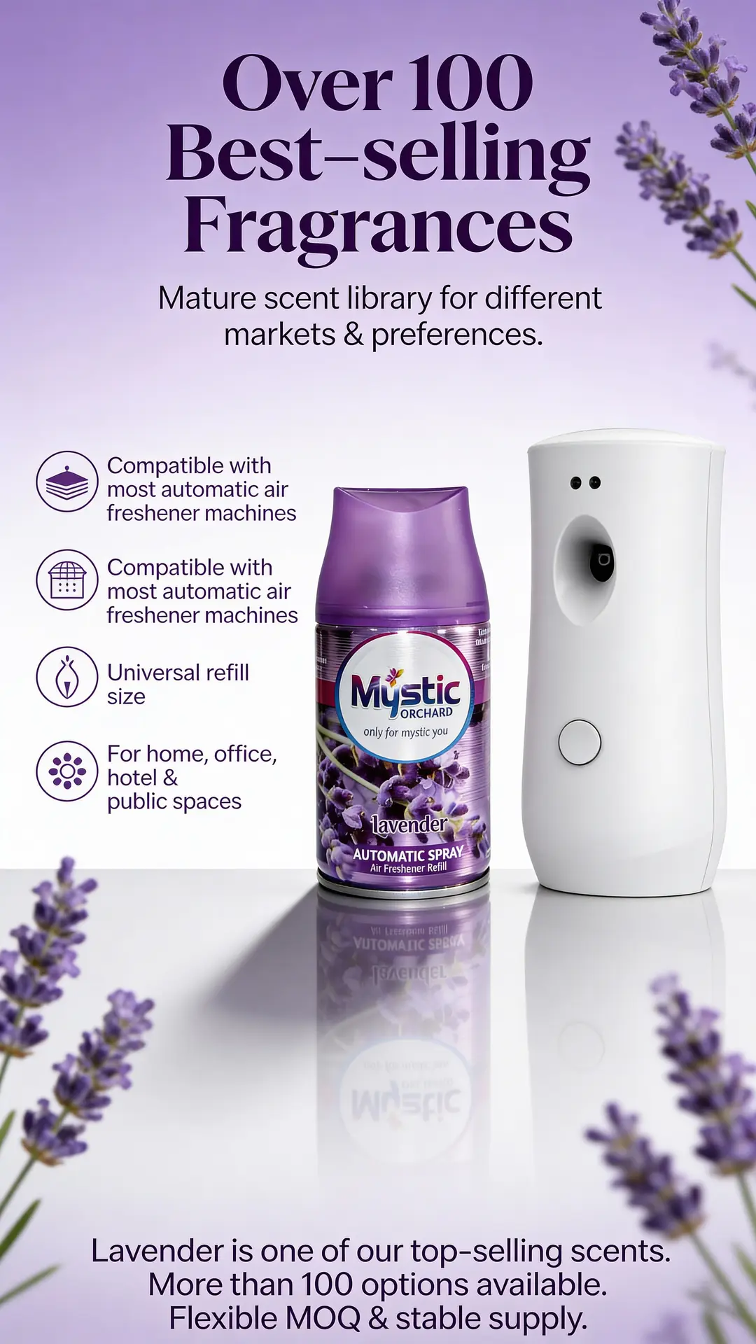 Mystic Orchard Lavender 250ml spray refill promotional poster with fragrance mist and premium purple background.