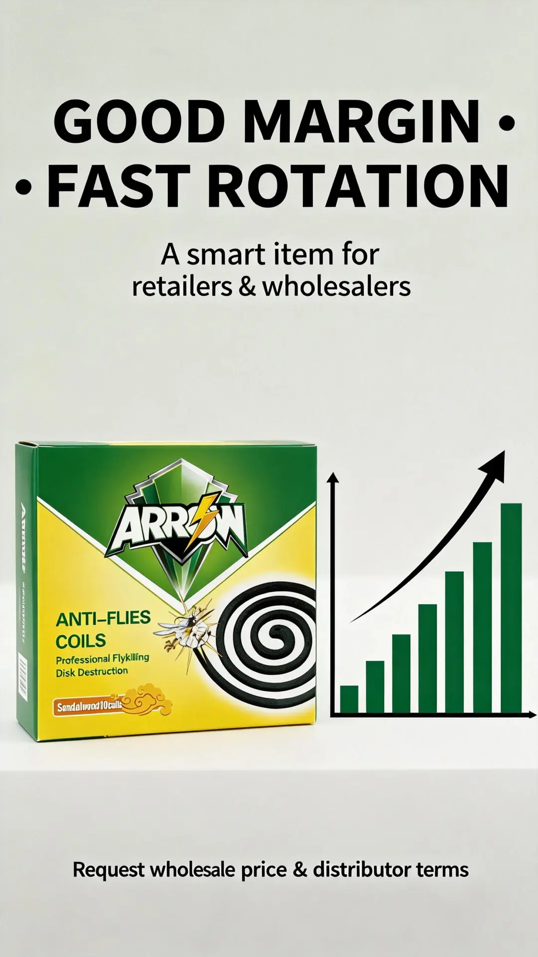Minimal banner: ARROW Anti-Flies Coils packshot with upward bar chart