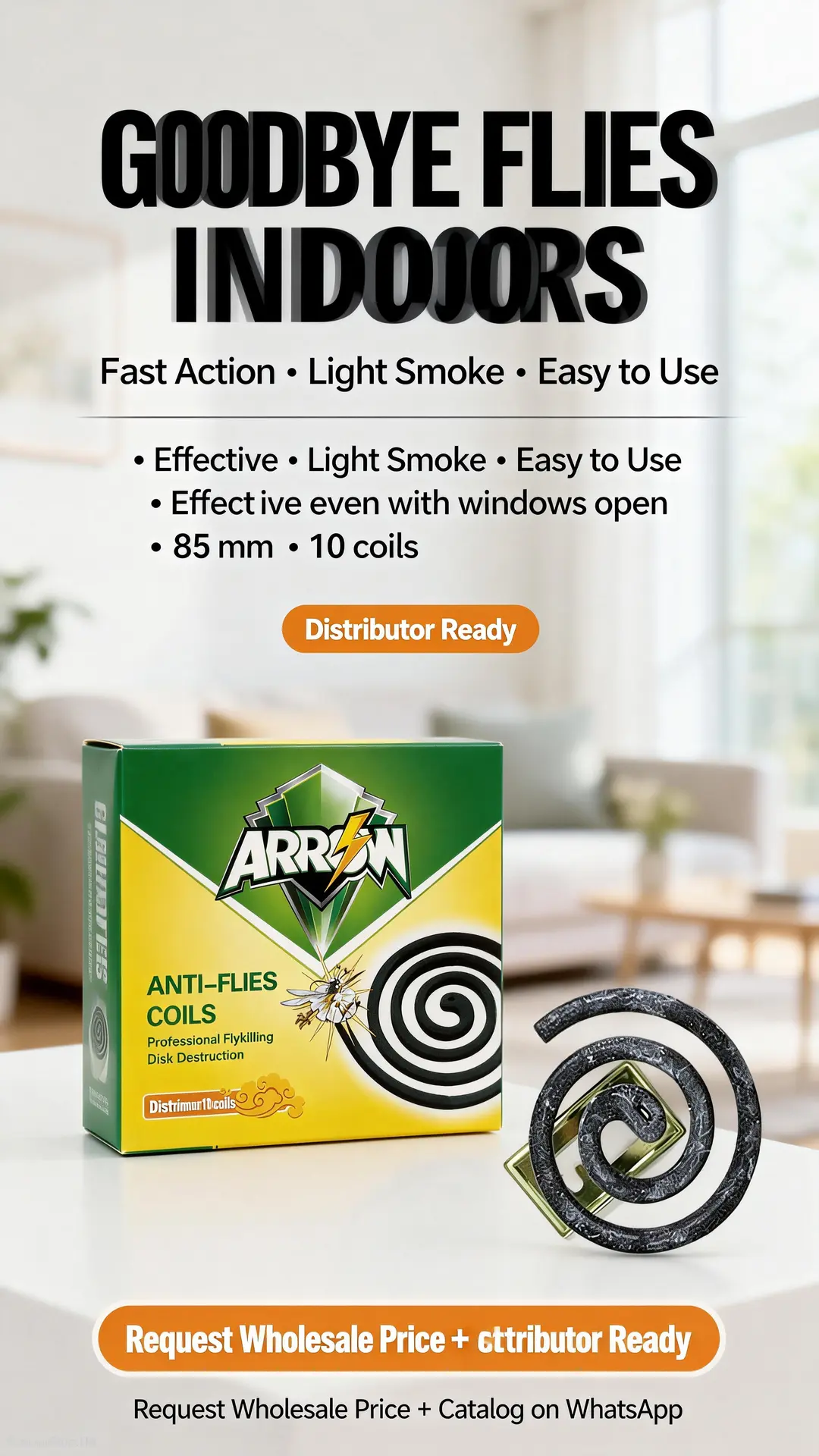 Indoor poster mockup: ARROW Anti-Flies Coils packshot with “Request Wholesale Price” CTA