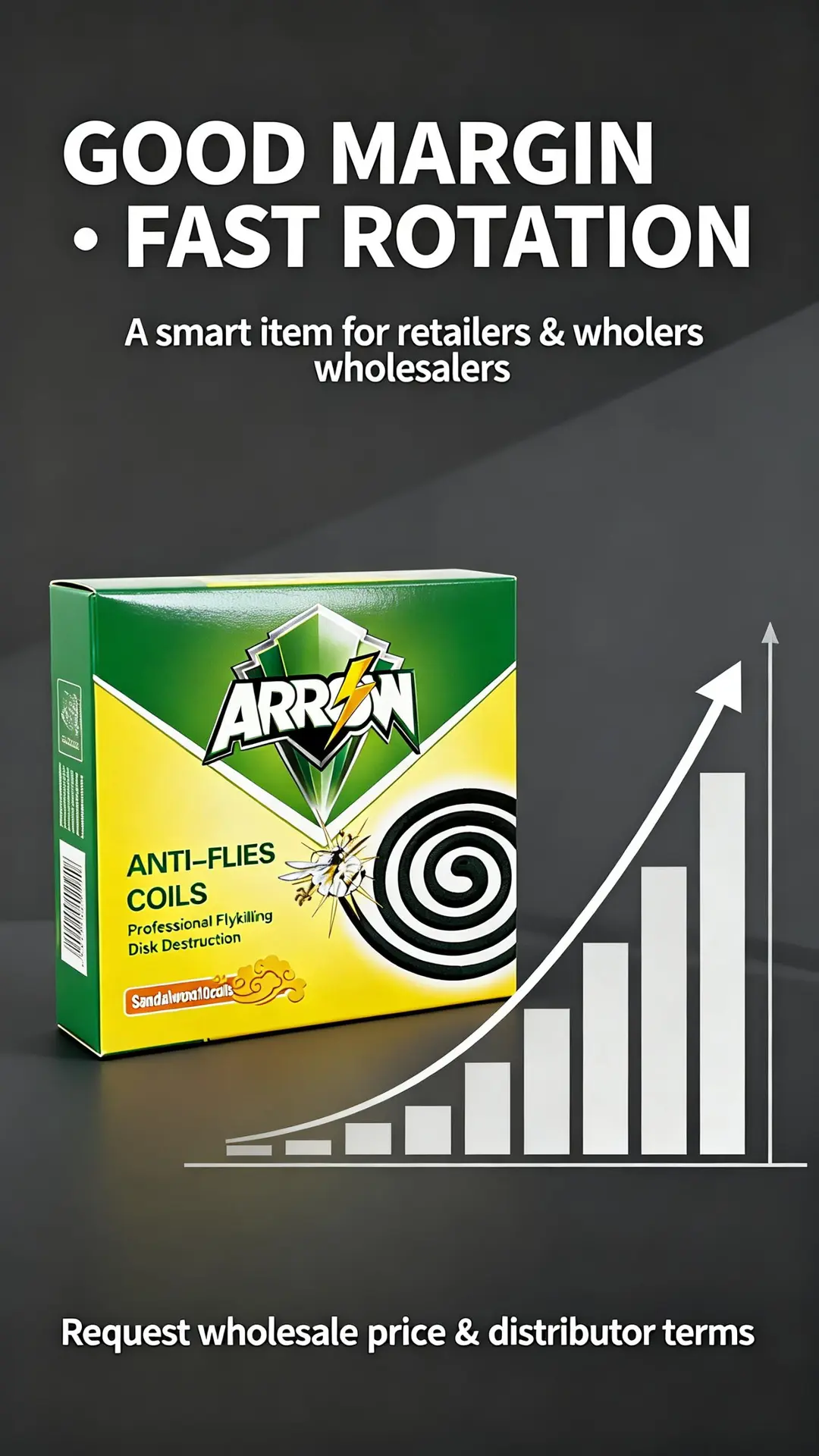 ARROW Anti-Flies Coils growth concept visual with product packshot and rising bar chart