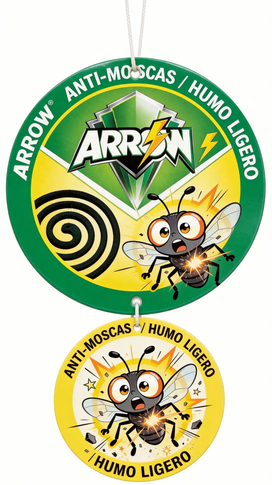 Round campaign badge for ARROW Anti-Flies Coils with fly illustration