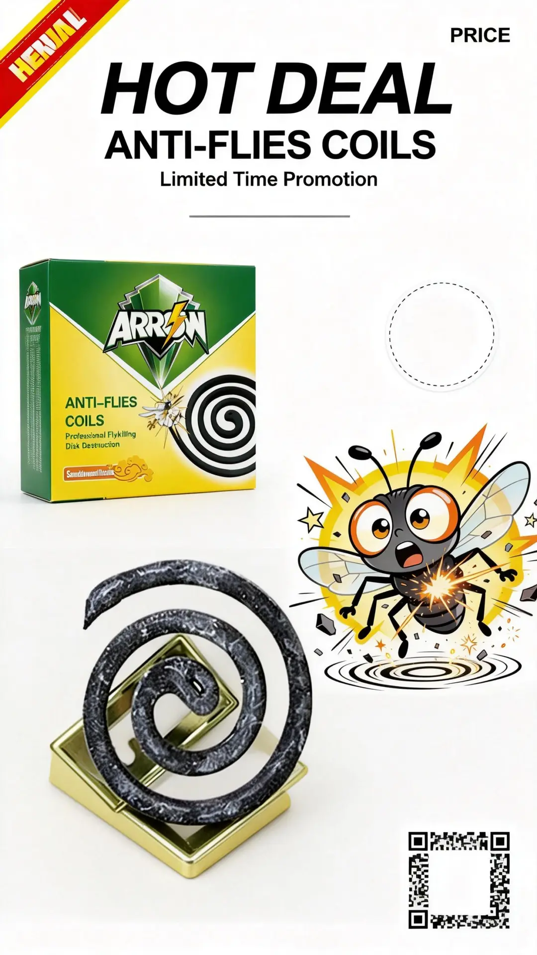 White background ad: ARROW Anti-Flies Coils packshot with scared fly graphic