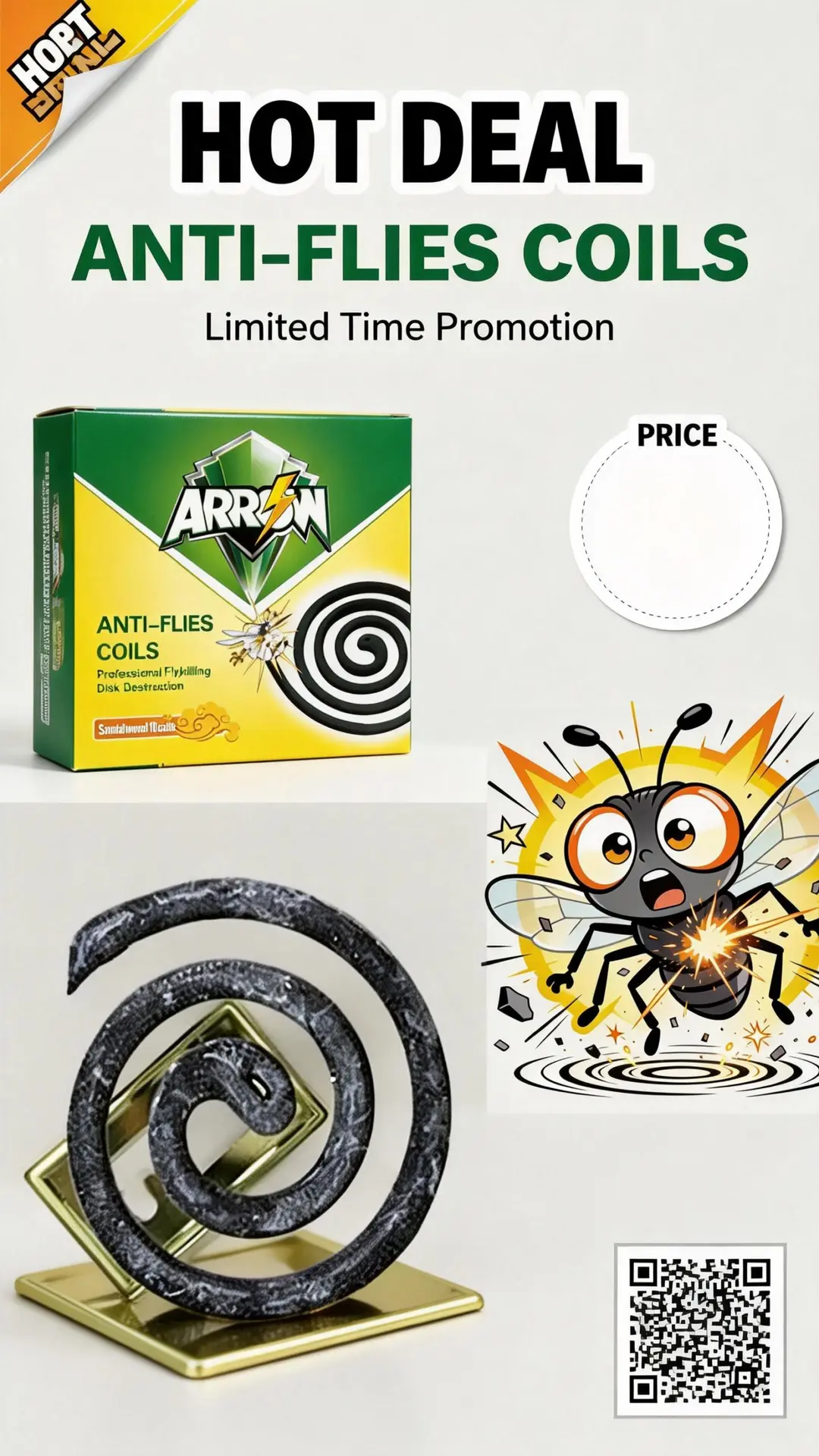 ARROW Anti-Flies Coils packshot with coil disc and scared fly illustration on white background