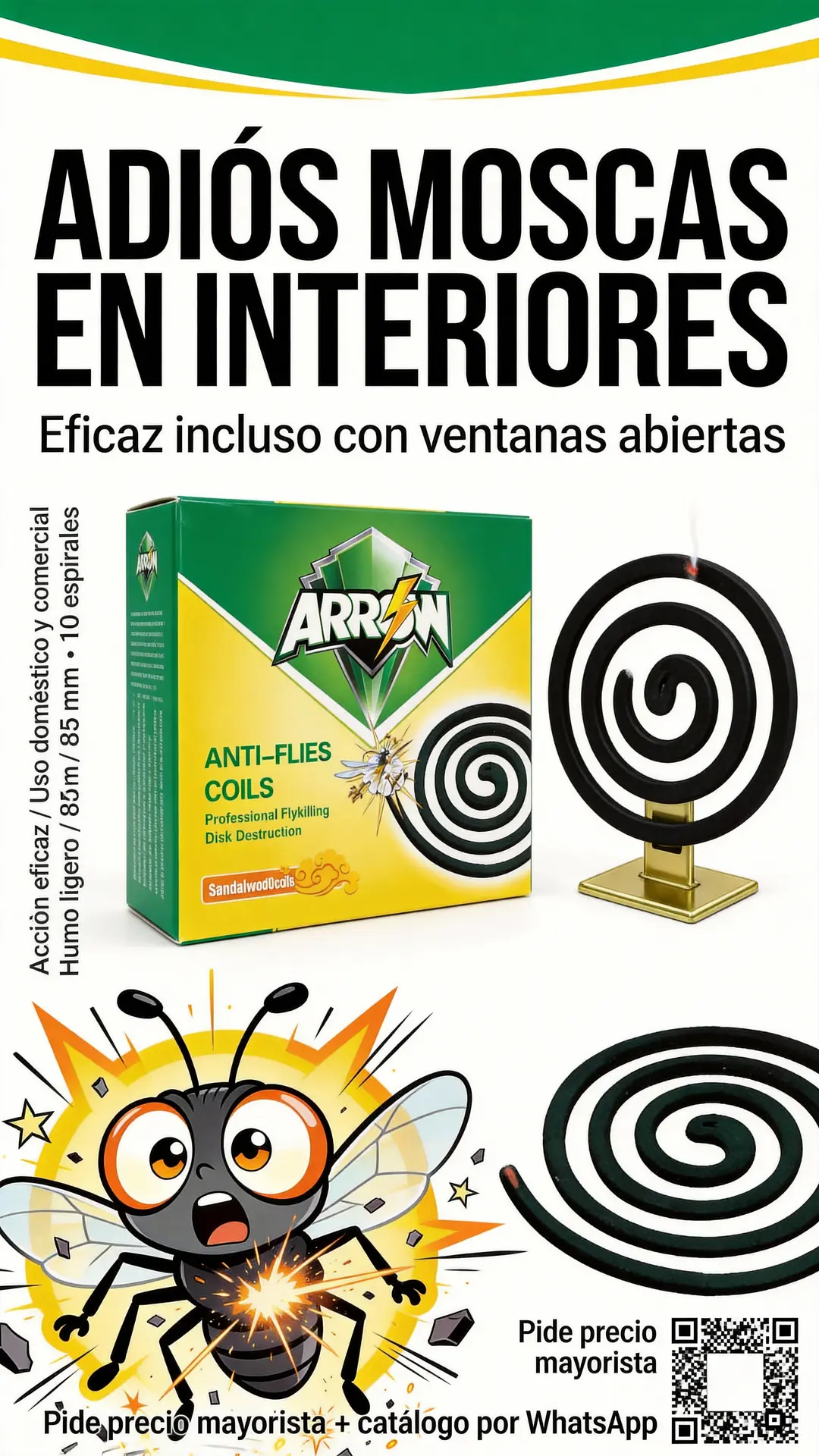 Spanish retail poster mockup for ARROW Anti-Flies Coils (indoor fly control)