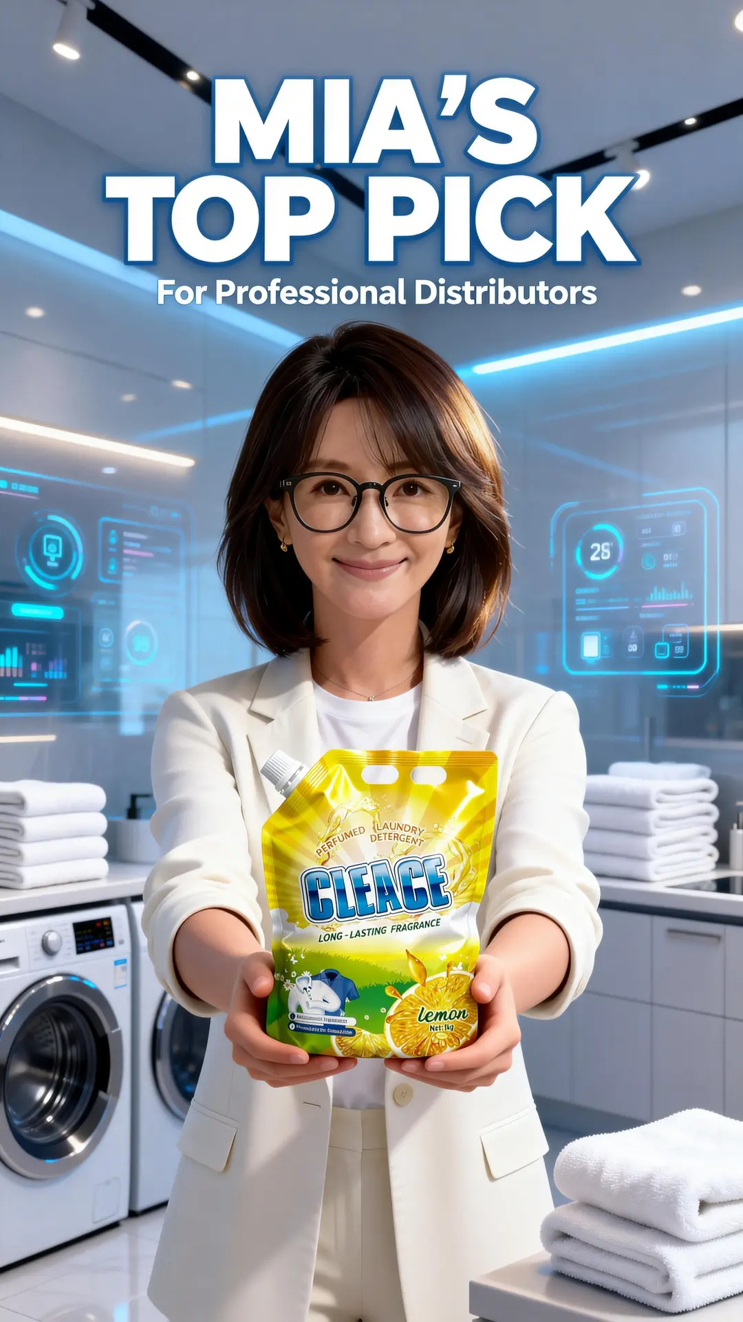 AoGrand digital avatar Mia recommending CLEACE detergent for distributors
