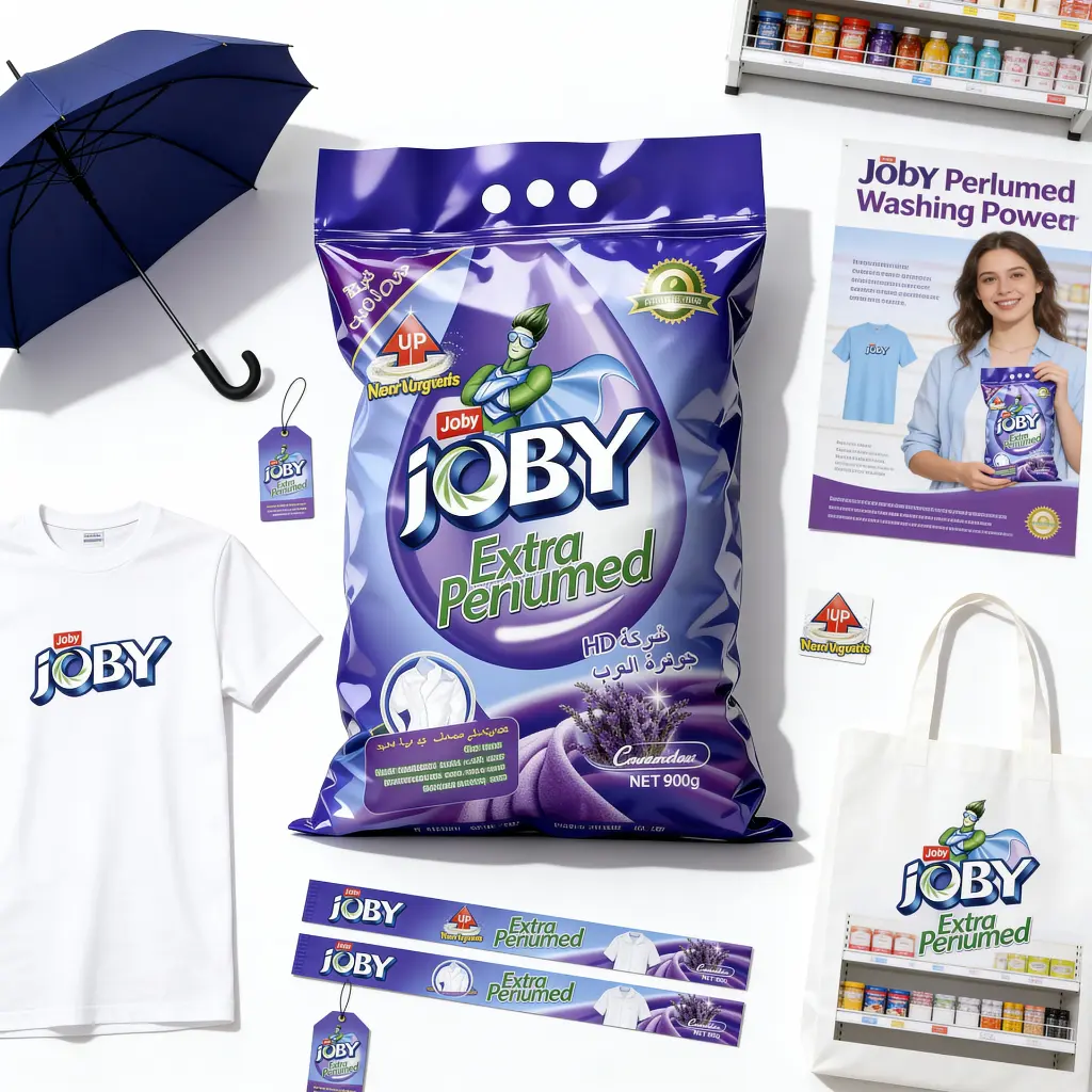 jimeng-2025-12-10-2652-摄影棚内平铺展示 JOBY 品牌 POSM：T 恤、雨伞、购物袋、海报、小吊牌、....webp