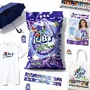 jimeng-2025-12-10-2652-摄影棚内平铺展示 JOBY 品牌 POSM：T 恤、雨伞、购物袋、海报、小吊牌、....webp